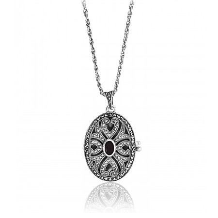 Marcasite Openwork Oval Locket with Onyx and 24" Chain - Click Image to Close